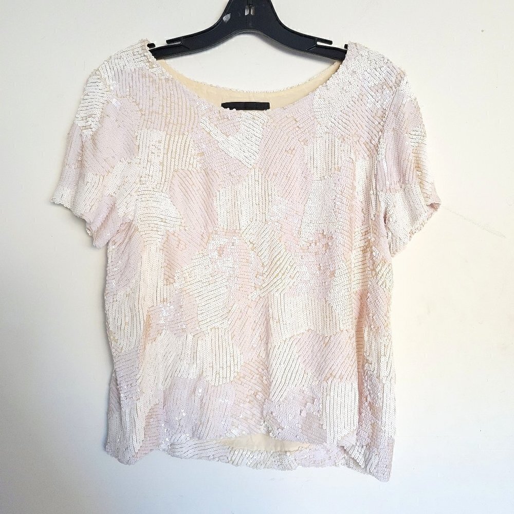 Jenni Kayne 100% Silk Shinny Sequin Bead Short Sleeve Ivory Blouse Top Size XS